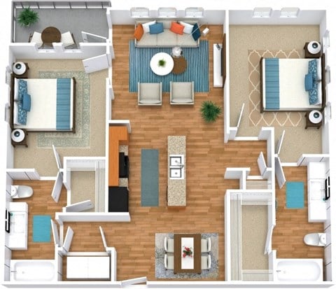Floor plan for 2 beds, 2 baths, 1007 sqft